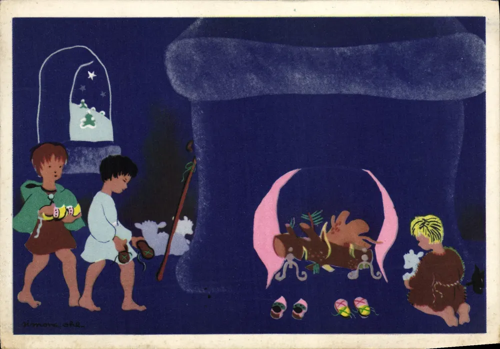 Crianças brincando perto de uma lareira — ilustração de Simone Orlé — Edições P. P. Ozanne, n°1026 - Frente