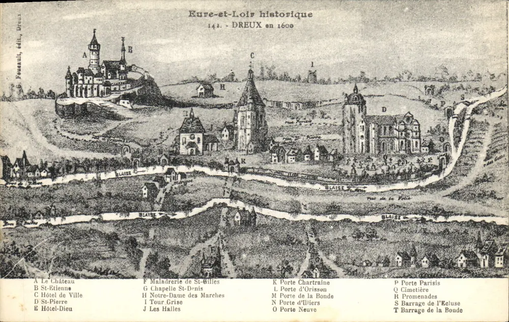 Dreux em 1600 — vista histórica — G. Fossenull, editor, Dreux - Frente