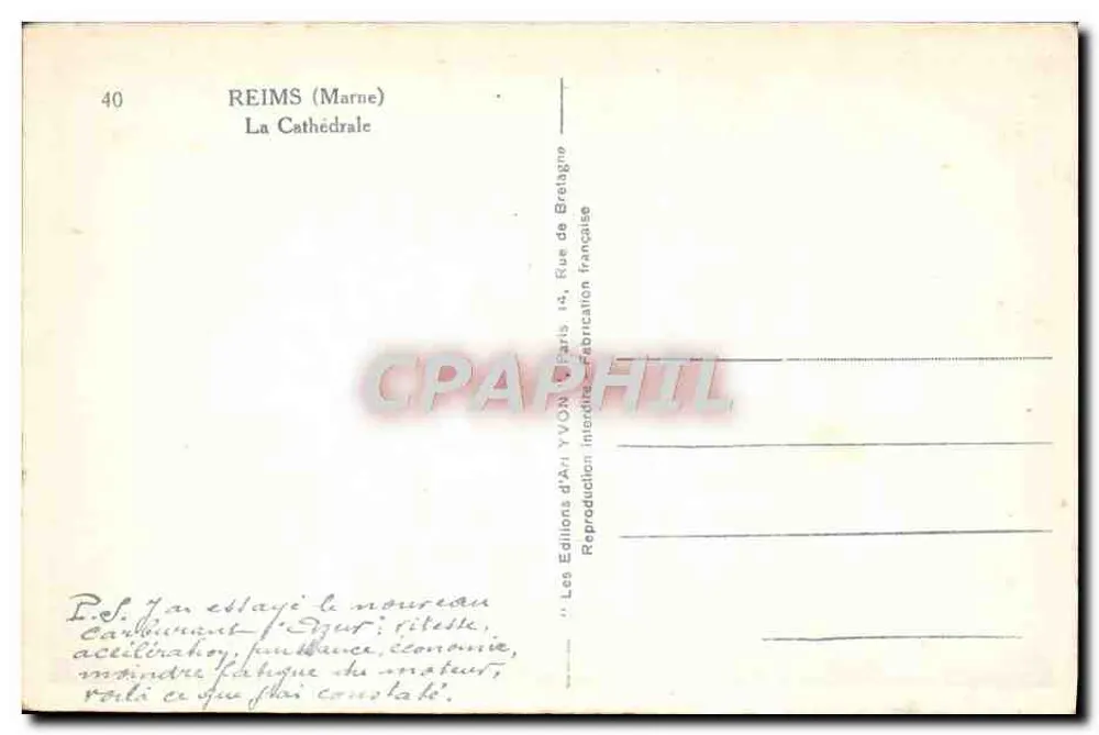 Reims (Marne) — A Catedral — Edições d'Art Yvon, n°40 - Verso