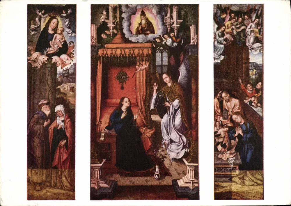 Tríptico — Nossa Senhora da Encarnação — Santa Ana, S. Joaquim e a Virgem — Natividade — Escola Flamenga — 1.º terço do Século XVI — Museu de Arte Sacra, do Funchal - Frente