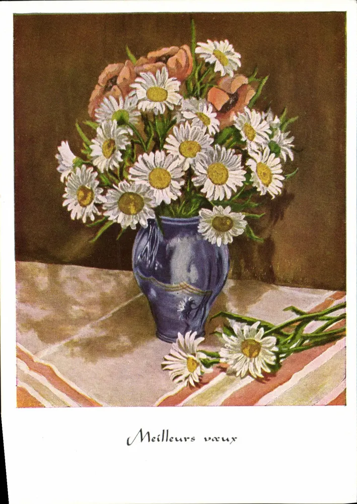 Margaridas — buquê em um vaso azul — Éditions des Artistes Mutilés, Strasbourg, No F 709 - Frente