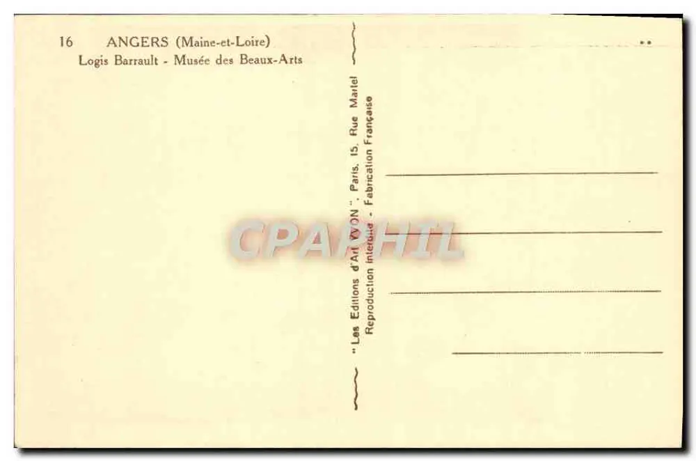 Angers (Maine-et-Loire) — Logis Barrault - Museu de Belas Artes — Edições de Arte YVON - Verso