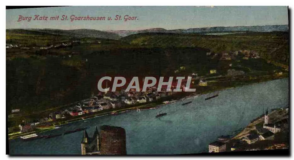 Burg Katz mit St. Goarshausen und St. Goar — Luftbild — Kunstentstalt Fritz Goblenz, Göblenz - Vorderseite
