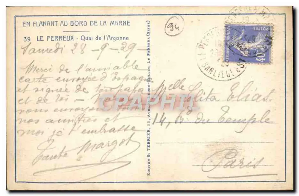 Passeando à beira da Marne — Le Perreux - Quai de l'Argonne — Edição G. Terrier, 39 - Verso