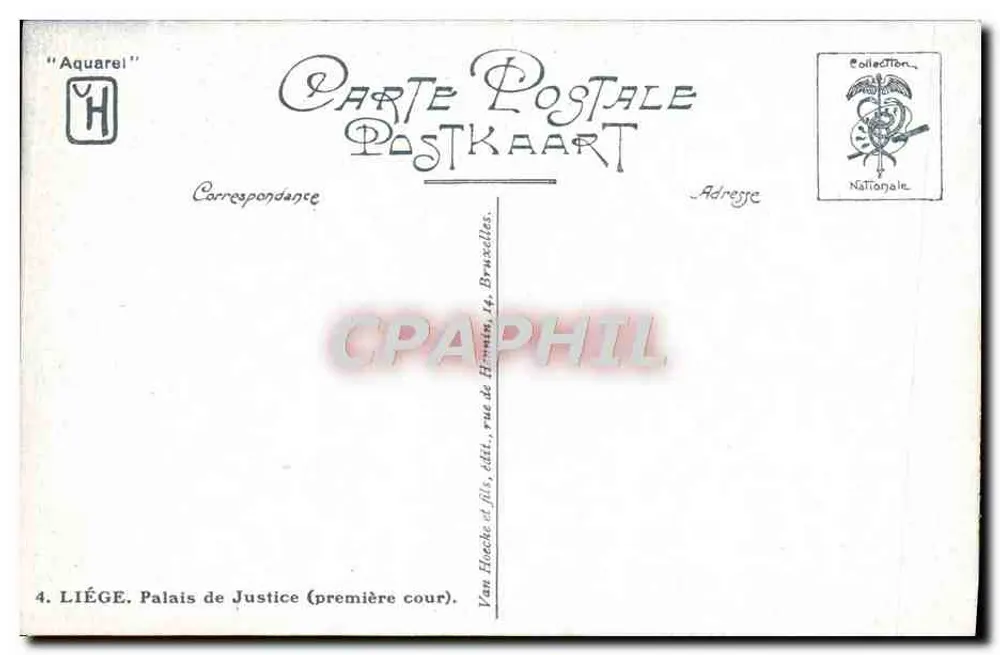 Liège - Palácio de Justiça (primeira sala) — aquarela de Fernand Hoocke — editor Van Eecke & filhos, Liège - Verso
