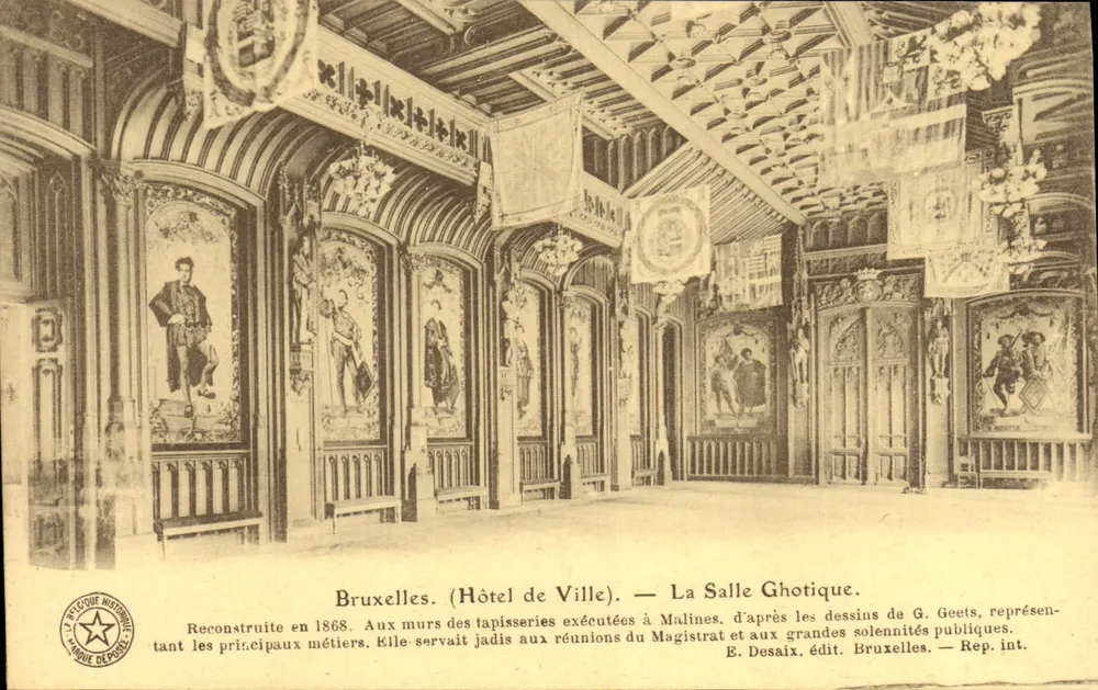 Brüssel. (Stadthaus) — Die Gotische Halle. Wiederhergestellt 1868. Tapete aus Malines. Zeichnungen von G. Geets. Verlag E. Desaix. - Vorderseite
