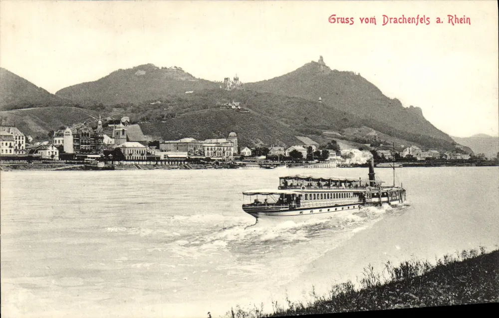 Drachenfels a. Reno — vista del Reno con battello a vapore — W. Fülling, Barmen - Recto