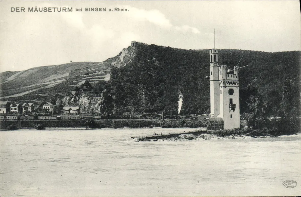 Il Mäuseturm a Bingen sul Reno — vista del Reno e del castello di Bingen — editore Louis Glaser, Lipsia - Recto