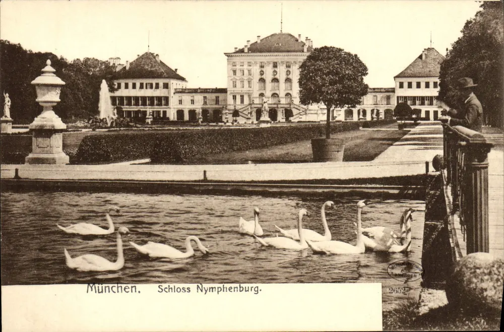Munich. Castello di Nymphenburg — vista del parco con cigni — editore: MÜNCHNER POSTKARTENVERLAG, n° 2652 - Recto