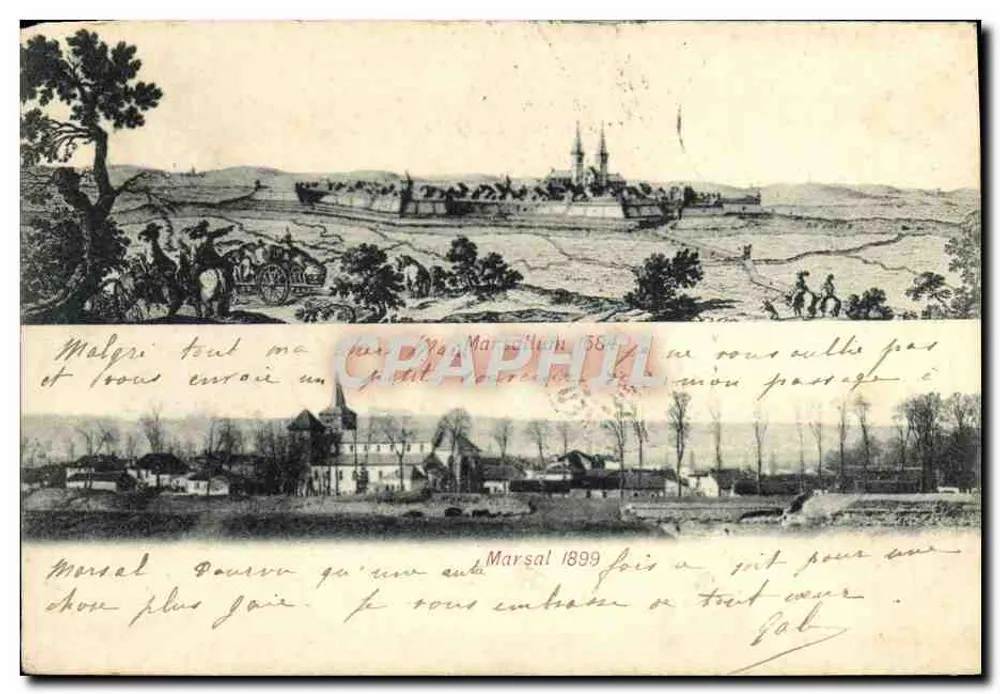 Marsal — vista panorâmica com igreja e aldeia — editor desconhecido, número de série não visível - Frente