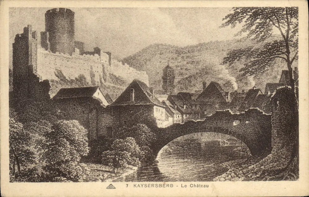 Kaysersberg - O Castelo — vista do castelo e do ponte sobre o rio — editor 'Maison des cartes postales' n°7 - Frente
