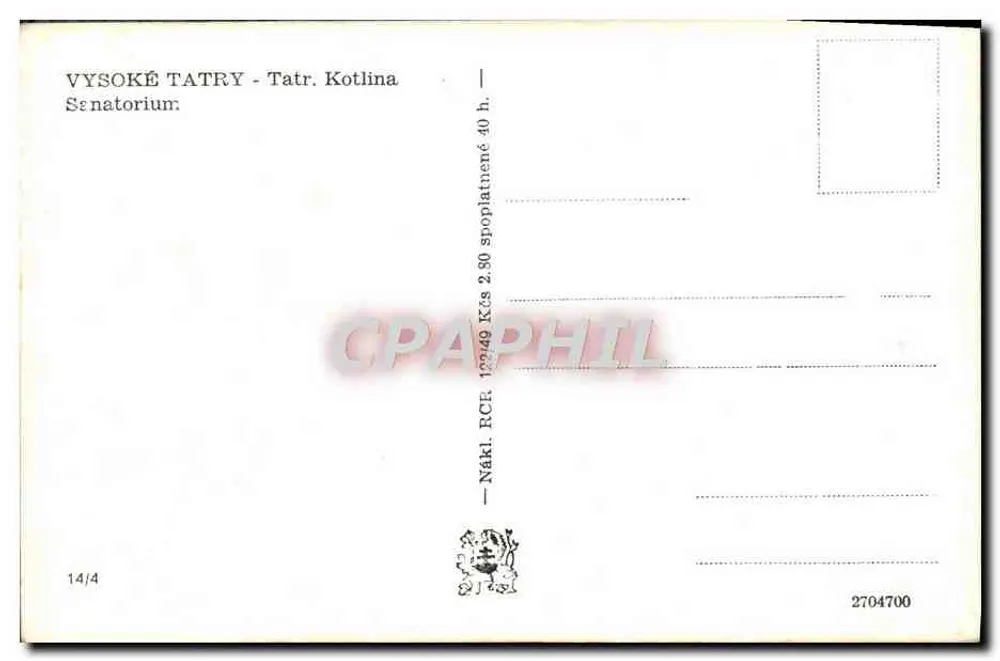 Hohe Tatra - Tatra. Kotlina — Senat — Nákl. RČR - Rückseite