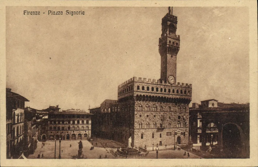Firenze - Piazza Signoria — vista do Palazzo Vecchio com a torre do Campanile — editor P.G.F. - Frente