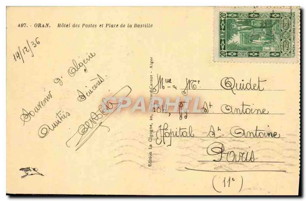 Oran - Hotel der Post und Place de la Bastille — Édition La Gigogne, Alger, n° 407 - Rückseite