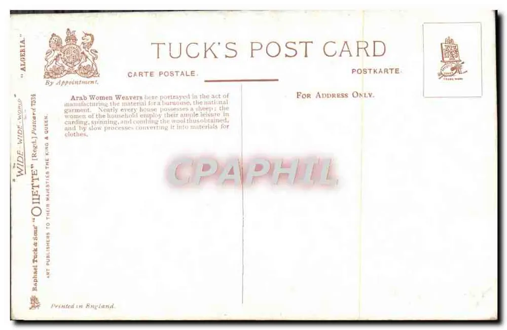 Algérie — Femmes arabes tisserandes — Tuck's Post Card n°734 - Verso