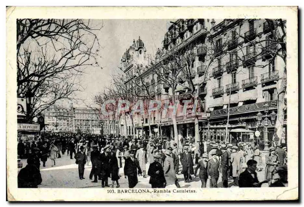 Barcelone - Rambla Canaletas — vue animée avec bâtiments et tramway, éditeur A. DEPECHE, n° 103 - Frente
