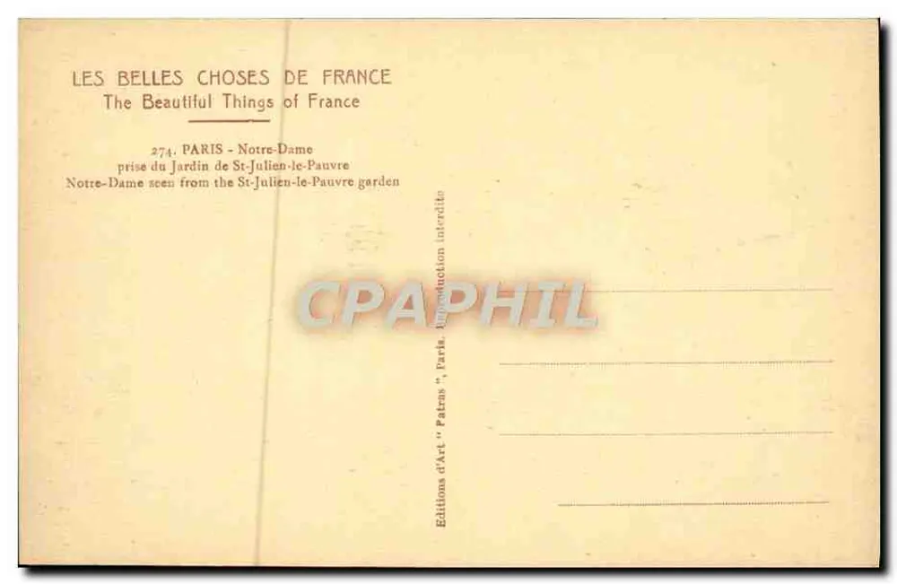 Nossa Senhora de Paris — vista do jardim de St-Julien-le-Pauvre — editor Patras, n°274 - Verso