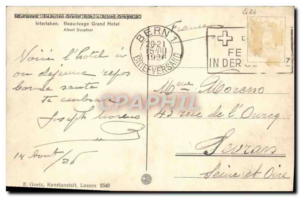 Interlaken. Beaurivage Grand Hotel — publisher E. Goetz, Kunstanstalt, Luzern 5549 - Back