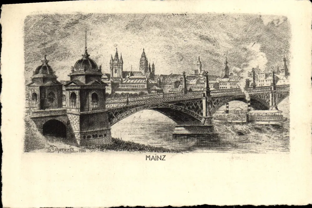 Ponte de Mainz — vista da cidade — gravura de G. W. Schwenzer, 1900 - Frente