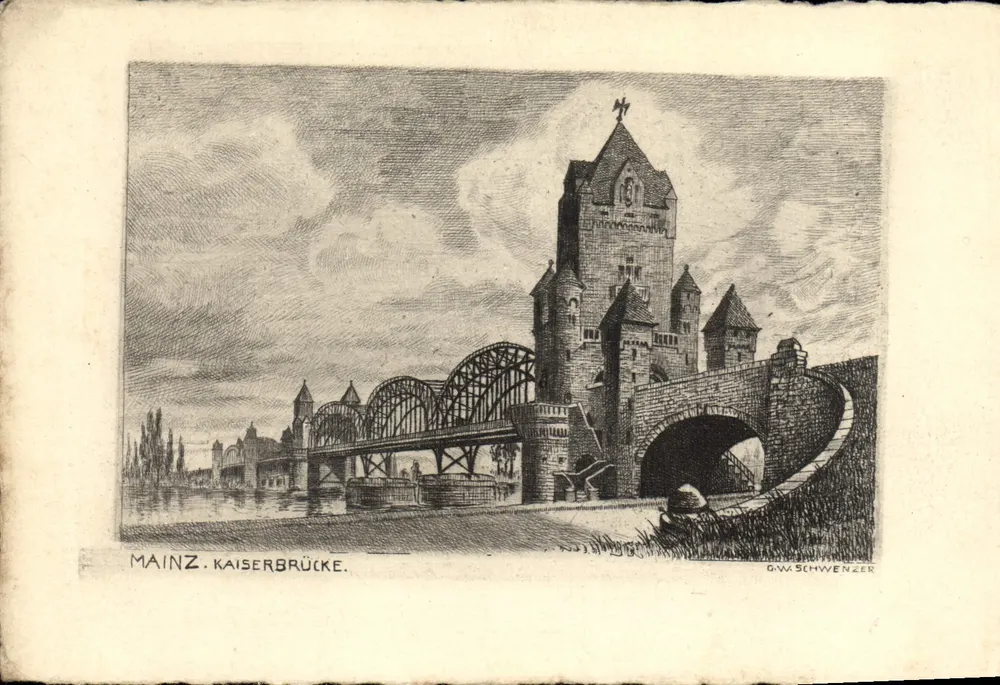 Mainz. Kaiserbrücke — gravura de G.W. Schwenzer — editada por G.W. Schwenzer, Mainz-Mombach - Frente