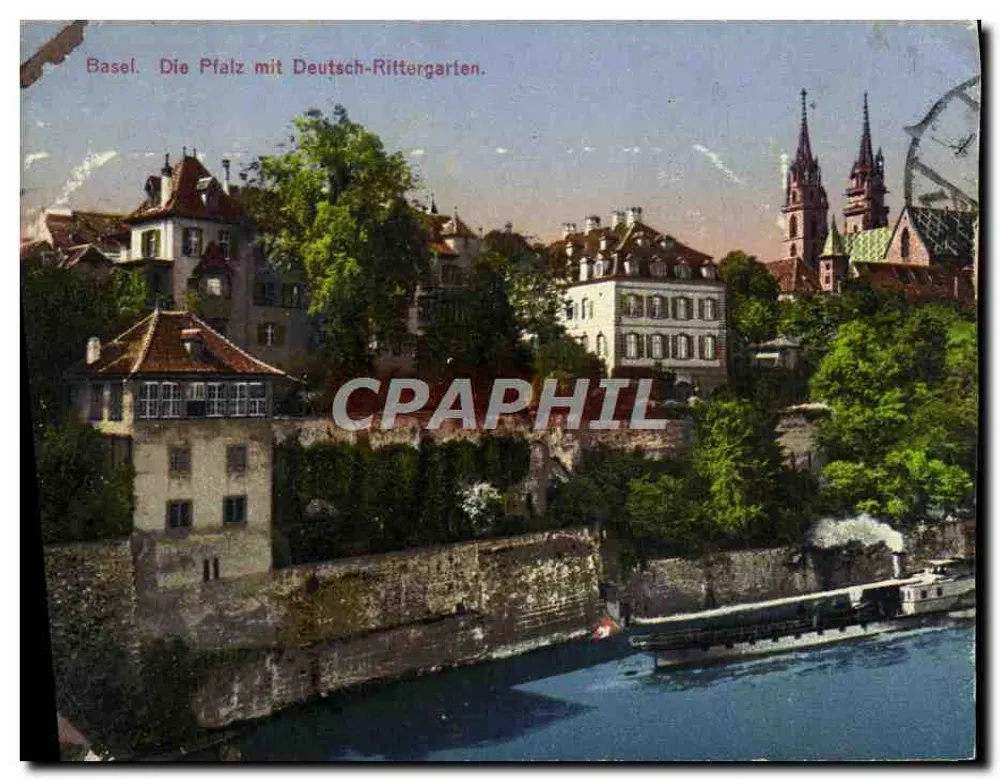 Basel. Die Pfalz mit Deutsch-Rittergarten. — Vue de la place de la Pfalz avec le jardin des Chevaliers allemands, éditeur Carl Künzli-Tobler, Zurich. - Recto