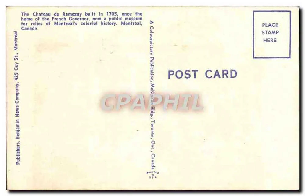 O Castelo de Ramezay, Montreal, Canadá — A Colour Picture Publication, n° K6749 - Verso