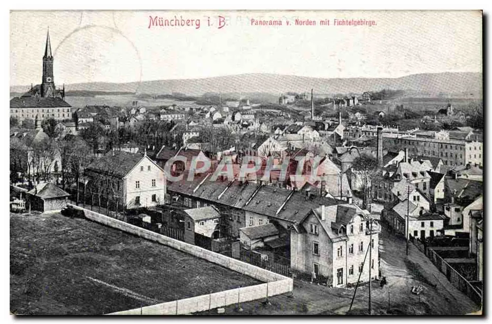 Münchberg i. B. — Panorama von Norden mit Fichtelgebirge — Verlag v. B. H. Münchberg - Vorderseite