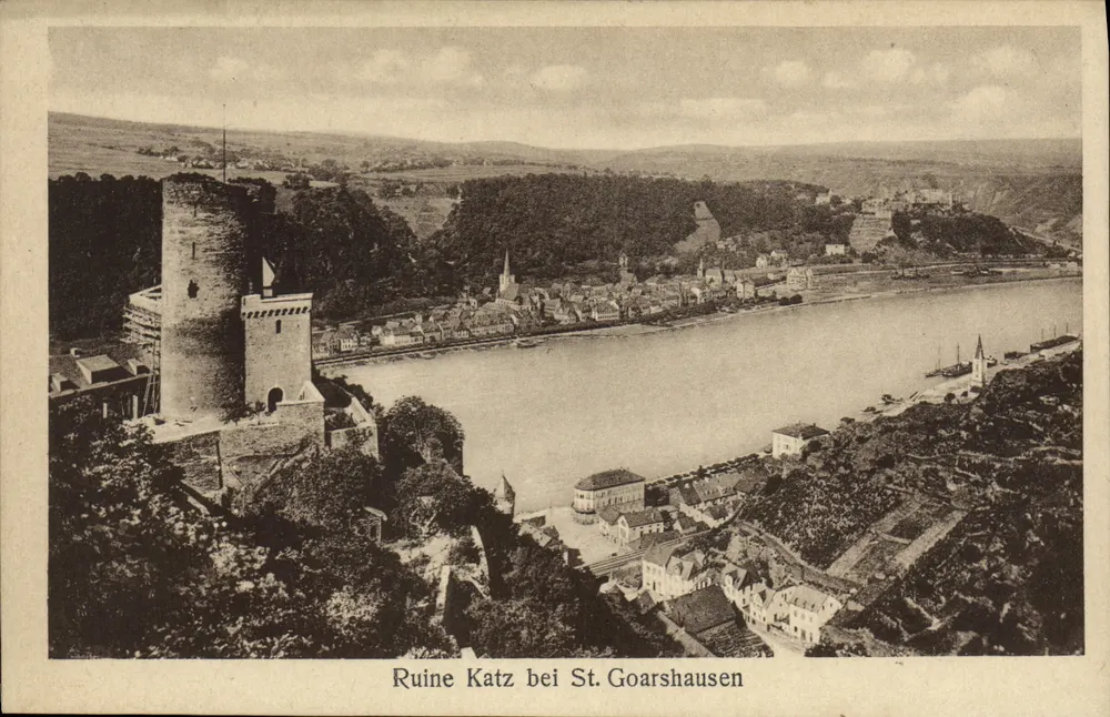 Ruina Katz en St. Goarshausen — vista panorámica del Rin y del castillo en ruinas — editor Karl Kud-Bremer & Co., Kœln a. Rh. - Anverso