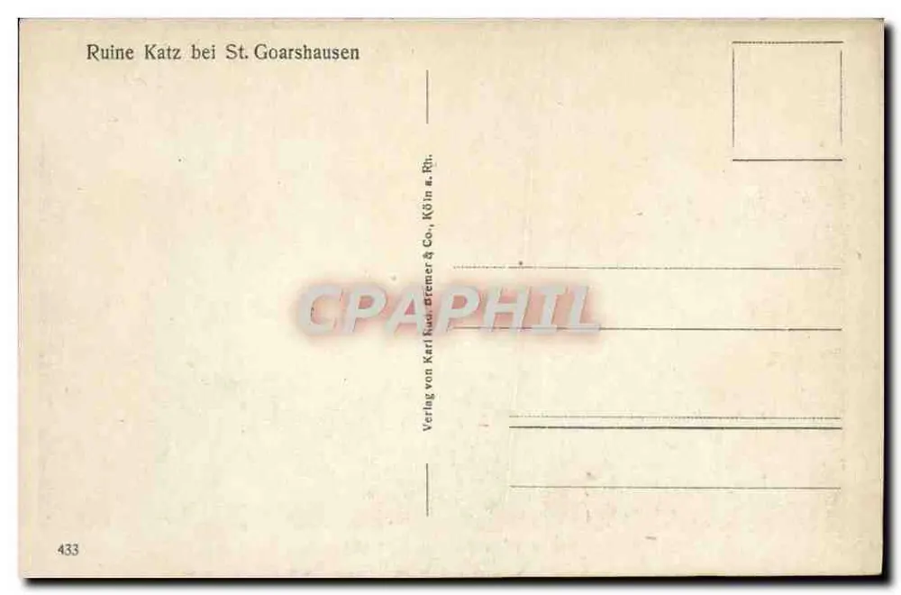 Ruina Katz en St. Goarshausen — vista panorámica del Rin y del castillo en ruinas — editor Karl Kud-Bremer & Co., Kœln a. Rh. - Reverso