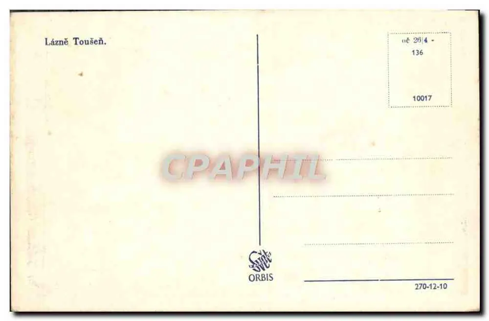 Lázně Toušeň — vista da praça com árvores e edifícios — editor ORBIS, n° de série 136 - Verso