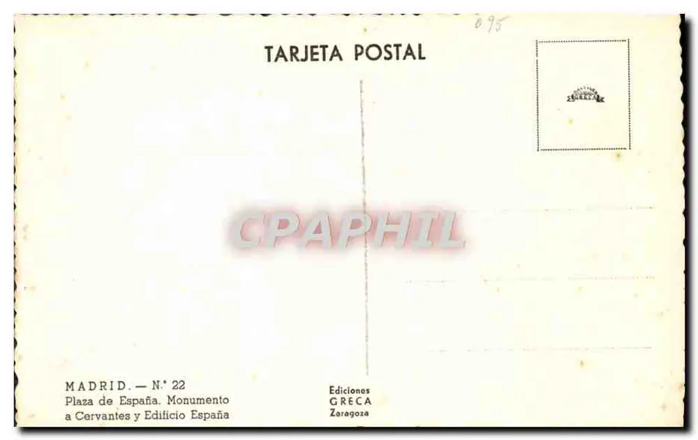 Madrid — Plaza de España. Monumento a Cervantes e Edificio España — Ediciones GRECA Zaragoza, N° 22 - Verso