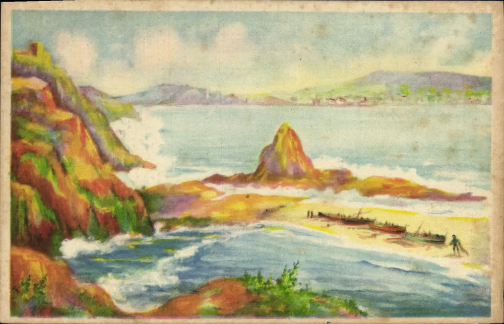 Rio de Janeiro — krajobraz wybrzeża z skałami i łodzią — Wydawnictwo Gloria Mill Benisi, seria 102/7 - Awers
