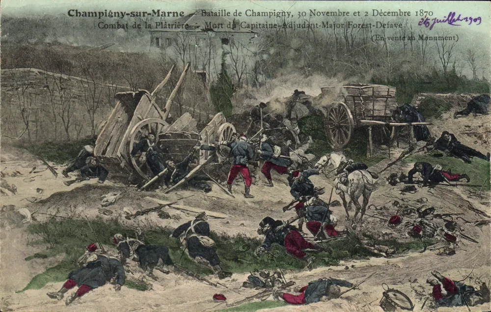 Champigny-sur-Marne — Schlacht von Champigny, Gefecht bei La Plâtrière, Tod des Hauptmanns-Adjutanten-Majors Forest-Defave — (Zum Verkauf am Denkmal) - Vorderseite