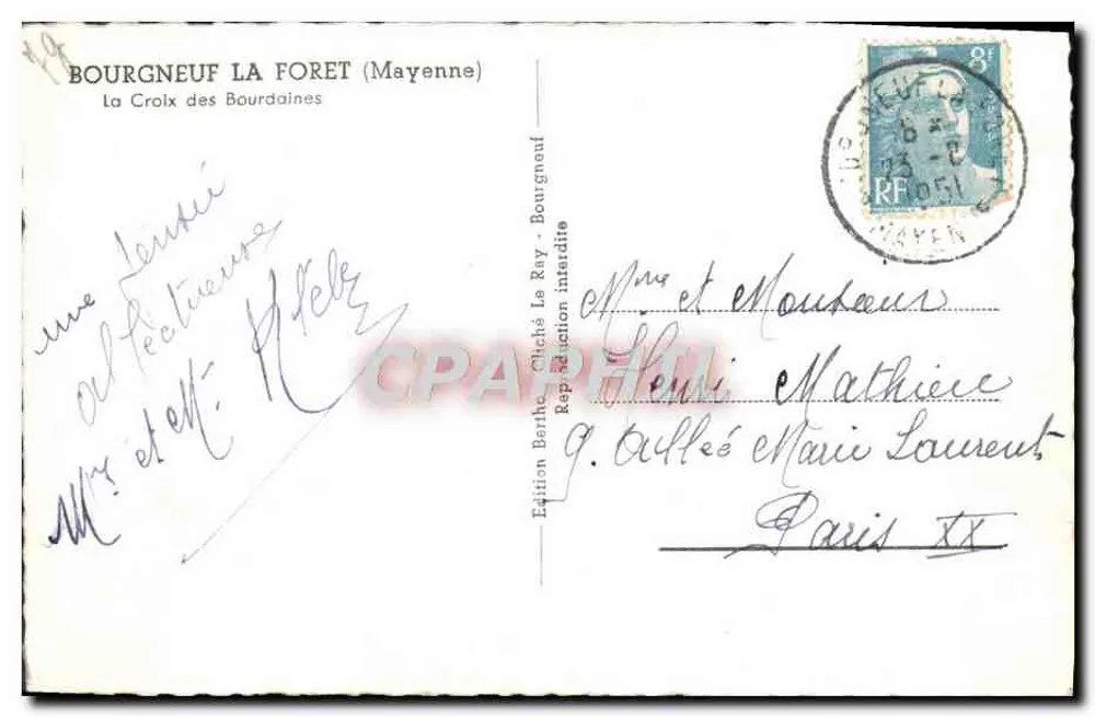 Bourgnéuf-la-Forêt (Mayenne) — A Cruz das Bourdaines — Edição Berthe Chéhé Le Ray - Verso