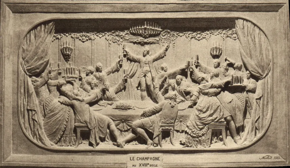 Champagner im 18. Jahrhundert — gefräster Basrelief in Kalk — Champagné Pommery & Greno - Reims - Vorderseite