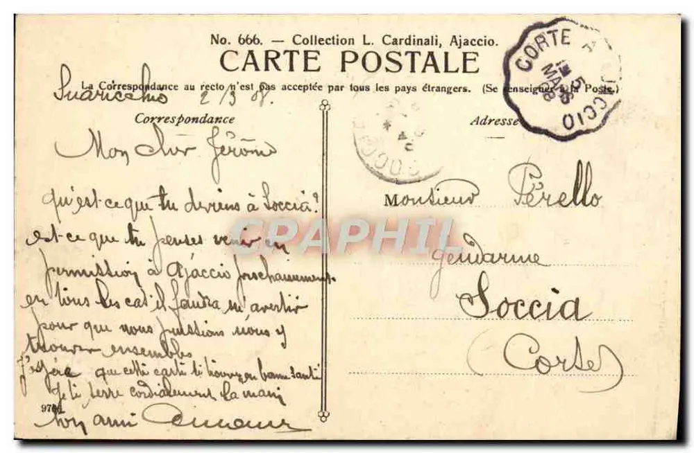 Ajaccio. Monto d'oro. — Vue panoramique depuis un promontoire rocheux avec un homme assis en arrière-plan, éditeur 'CARTE POSTALE' (verso) — n° 666 - Verso