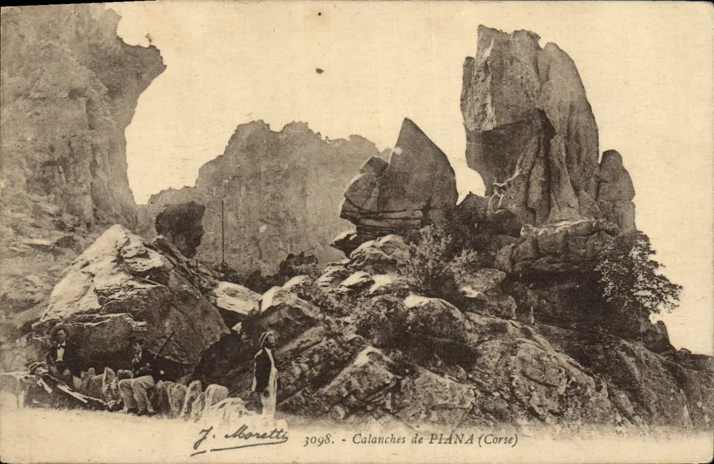 Calanches de PIANA (Corse) — paisagem rochosa com visitantes — J. Moretti, n° 3098 - Frente