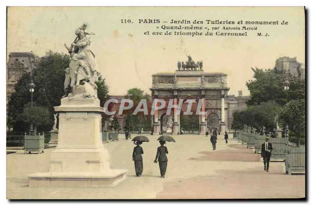 Paris — Jardin des Tuileries und Denkmal "Quand-même" von Antonin Mercié und Triumphbogen des Carrousel — M. J. - Vorderseite