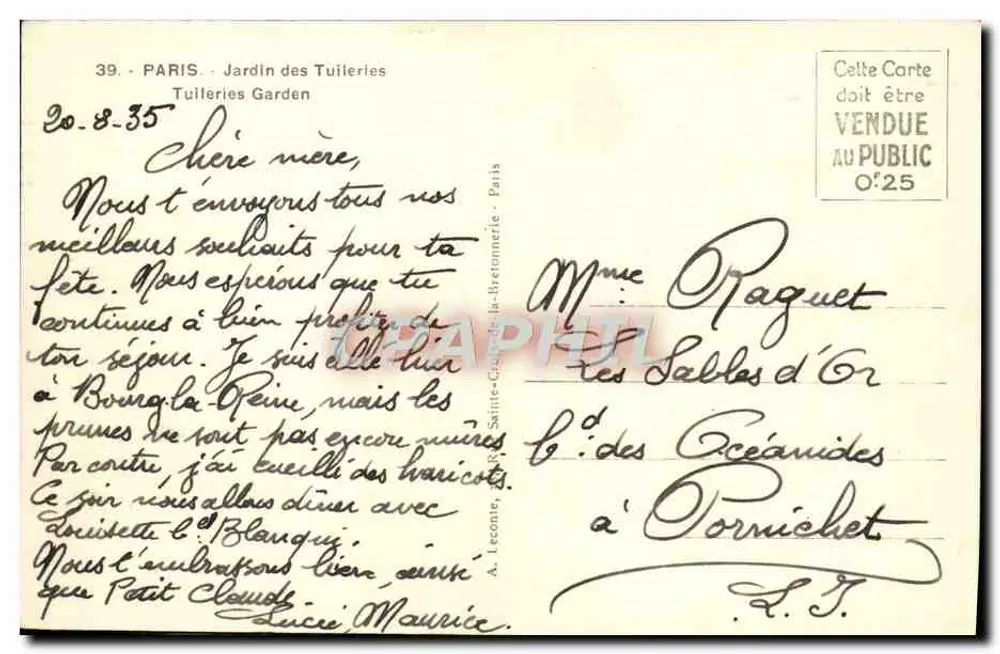 Jardim das Tuileries — Paris — editor A. Leconte, 39 - Verso