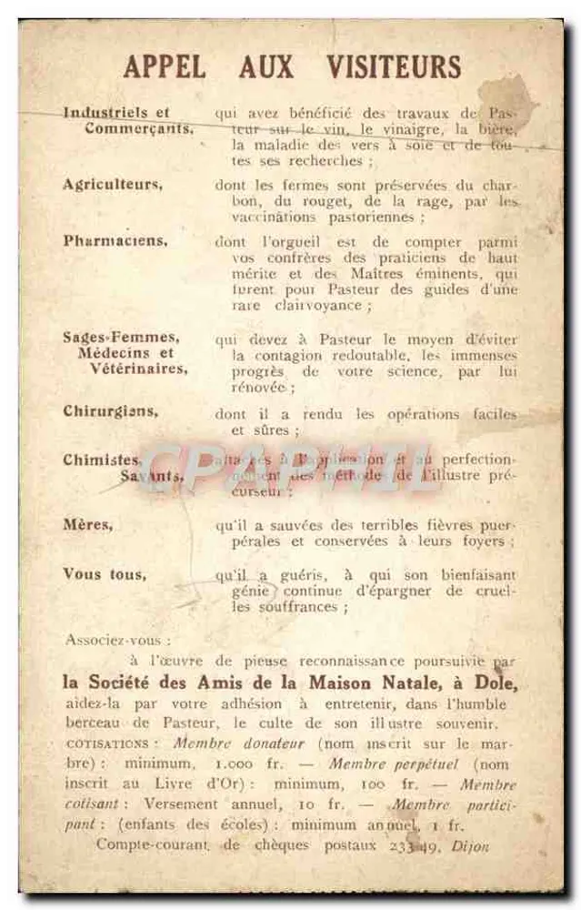Dole — Casa natal de Louis Pasteur — Recuerdo de la casa natal - Reverso
