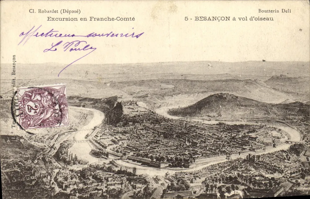 Besançon à vol d’oiseau — vue aérienne de la ville et du fleuve, éditeur Bouterin Dell, n°5 - Frente