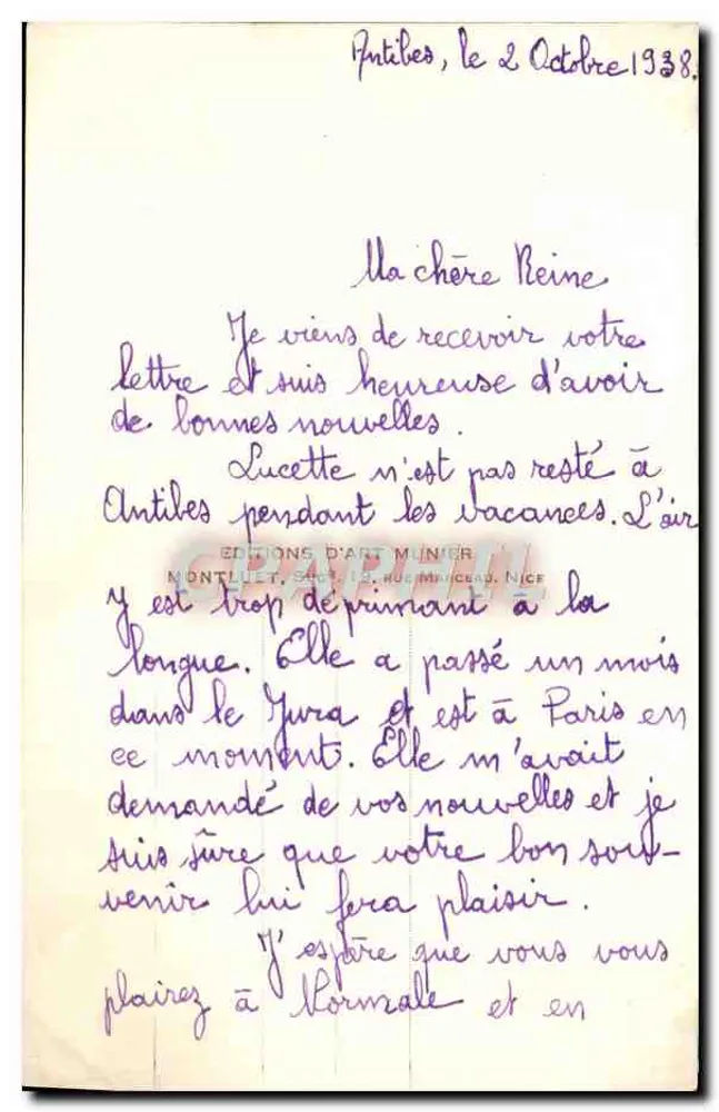 Antibes — O Novo Hotel dos Correios — Edições de Arte Munier, n°60 - Verso