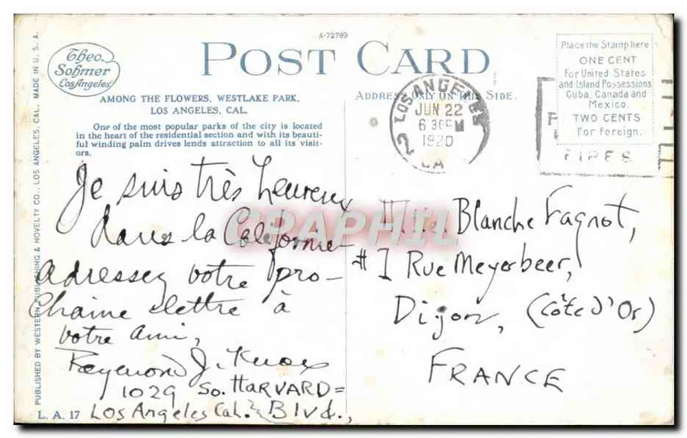 Unter den Blumen, Westlake Park, Los Angeles, Kalifornien — Verlag Sofmer, n° L.A. 17 - Rückseite