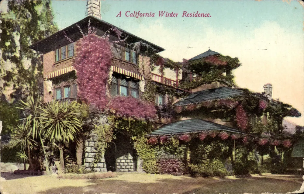 A California Winter Residence — maison en pierre et bois avec lierre violet, éditeur Newman Post Card Co, n° A B 31 - Frente