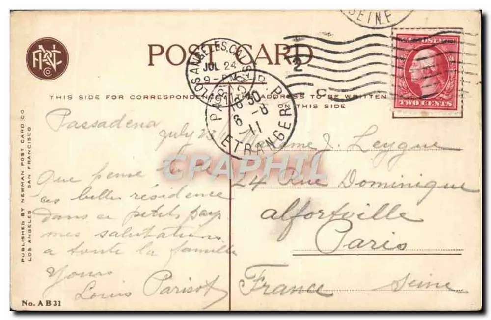 A California Winter Residence — maison en pierre et bois avec lierre violet, éditeur Newman Post Card Co, n° A B 31 - Verso