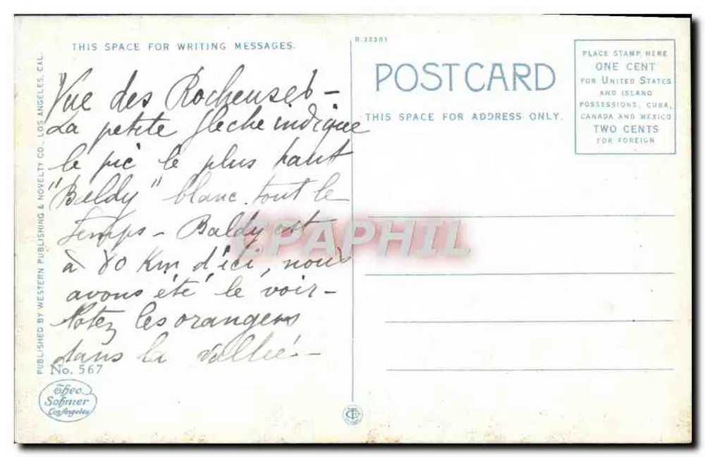 Midwinter in California, "Old Baldy" aus den Zitrusplantagen — Western Publishing & Novelty Co. Nr. 567 - Rückseite