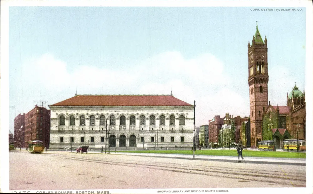 Copley Square, Boston, Mass. — Biblioteca e Igreja New Old South — Detroit Publishing Co. n° 10476 - Frente