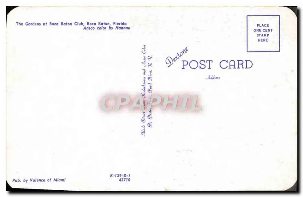 Die Gärten des Boca Raton Club — Boca Raton, Florida — Verlag Valence de Miami, Nr. K-129-D-1 - Rückseite