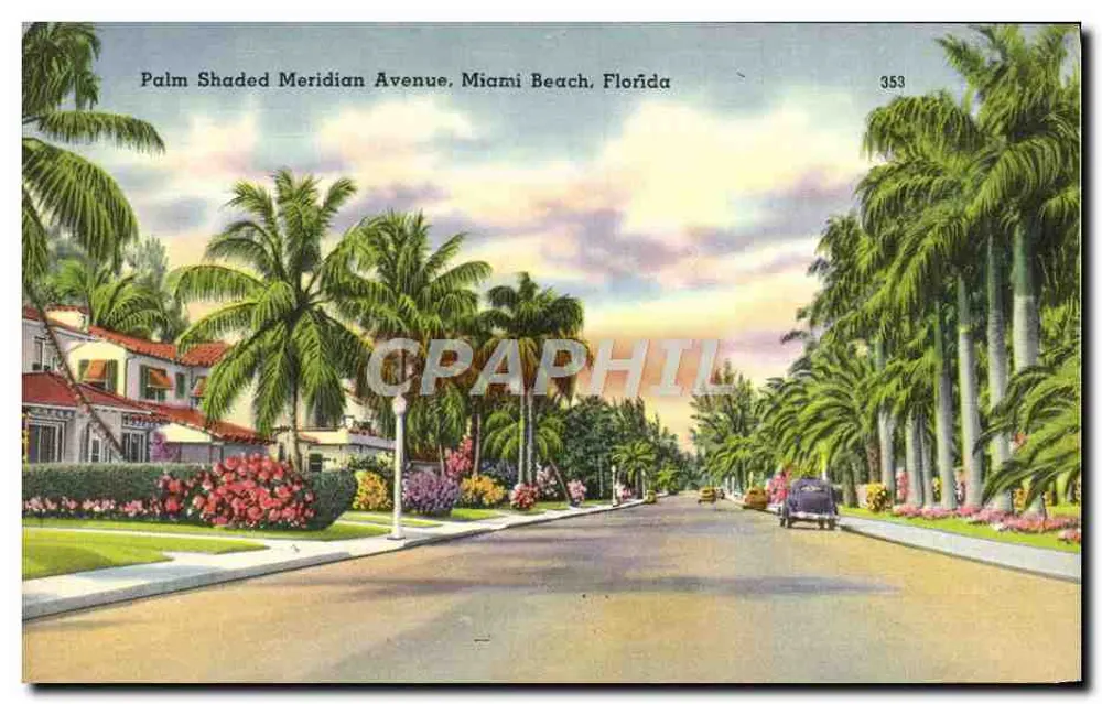 Schattenspiel auf der Meridian Avenue, Miami Beach, Florida — Serie 353 — Verlag Tichenor Bros. Inc. - Vorderseite