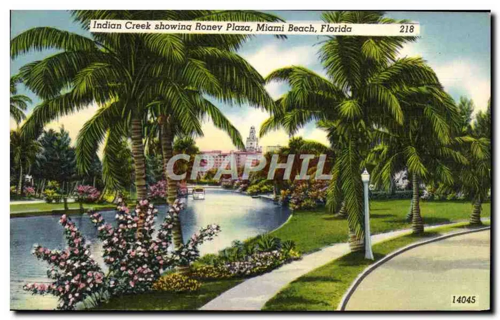 Indian Creek mit Roney Plaza, Miami Beach, Florida — Verlag Novati-Craft Co., Seriennummer 218 - Vorderseite